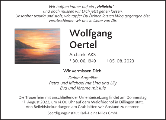 Todesanzeige von Wolfgang Oertel von saarbruecker_zeitung