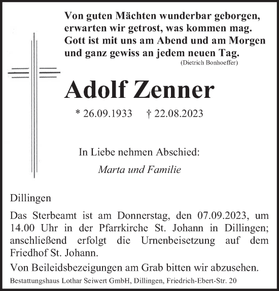Todesanzeige von Adolf Zenner von saarbruecker_zeitung