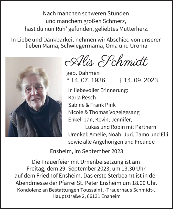 Todesanzeige von Alis Schmidt von saarbruecker_zeitung