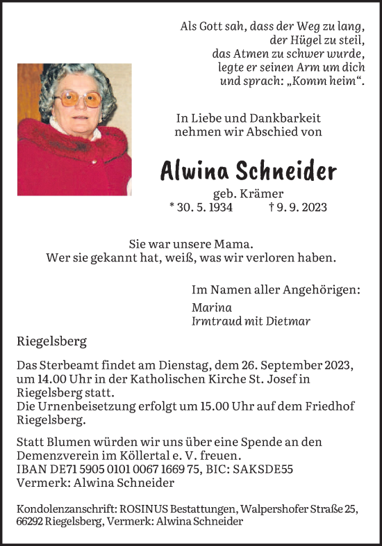 Todesanzeige von Alwina Schileider von saarbruecker_zeitung