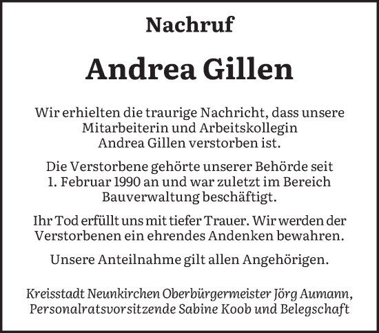 Todesanzeige von Andrea Gillen von saarbruecker_zeitung