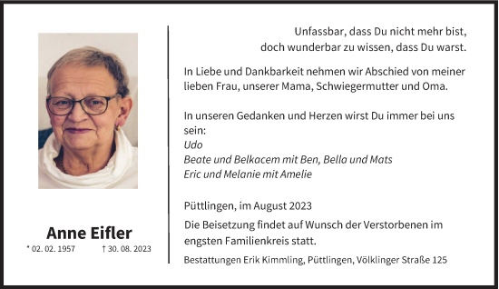 Todesanzeige von Anne Eifler von saarbruecker_zeitung