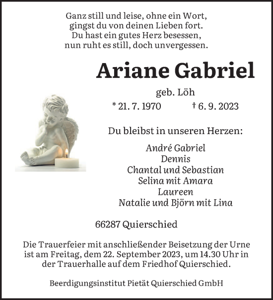 Todesanzeige von Ariane Gabriel von saarbruecker_zeitung