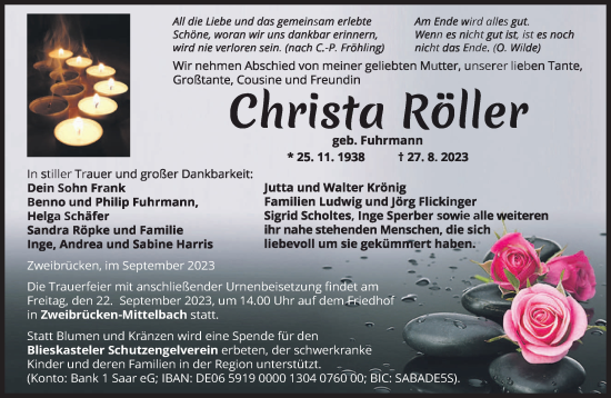 Todesanzeige von Christa Röller von saarbruecker_zeitung