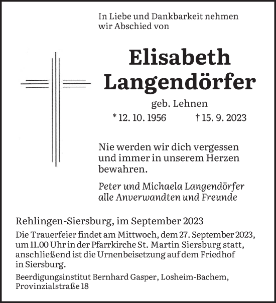Todesanzeige von Elisabeth Langendörfer von saarbruecker_zeitung