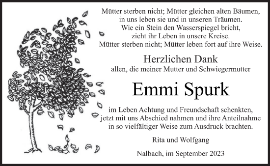 Todesanzeige von Emmi Spurk von saarbruecker_zeitung