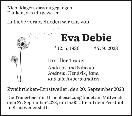 Todesanzeige von Eva Debie von saarbruecker_zeitung