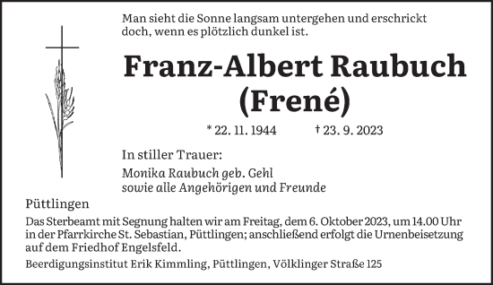 Todesanzeige von Franz-Albert Raubuch von saarbruecker_zeitung