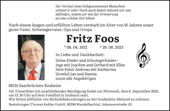 Todesanzeige von Fritz Foos von saarbruecker_zeitung