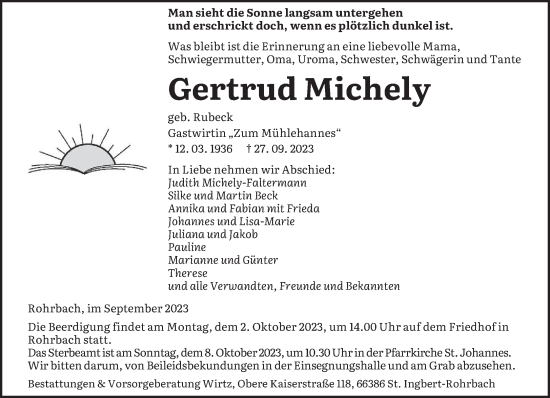Todesanzeige von Gertrud Michely von saarbruecker_zeitung