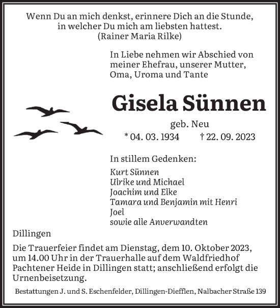 Todesanzeige von Gisela Sünnen von saarbruecker_zeitung