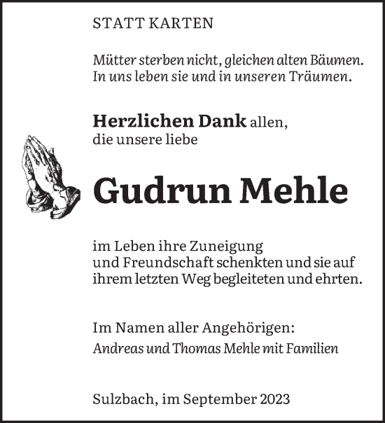 Todesanzeige von Gudrun Mehle von saarbruecker_zeitung