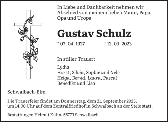 Todesanzeige von Gustav Schulz von saarbruecker_zeitung