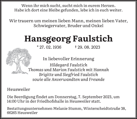 Todesanzeige von Hansgeorg Faulstich von saarbruecker_zeitung