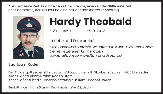 Todesanzeige von Hardy Theobald von saarbruecker_zeitung