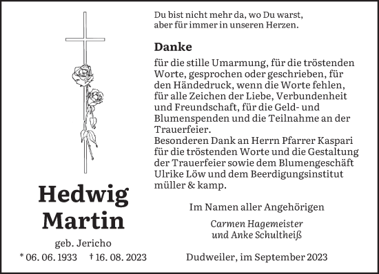 Todesanzeige von Hedwig Martin von saarbruecker_zeitung