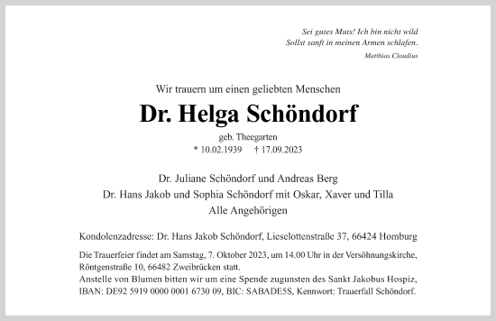 Todesanzeige von Helga Schöndorf von saarbruecker_zeitung