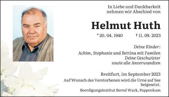 Todesanzeige von Helmut Huth von saarbruecker_zeitung