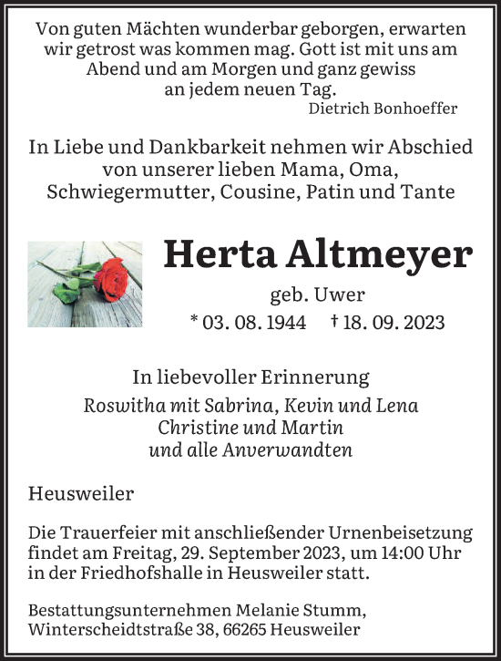 Todesanzeige von Herta Altmeyer von saarbruecker_zeitung