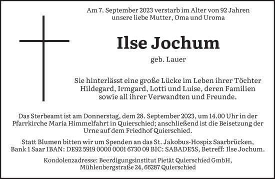 Todesanzeige von Ilse Jochum von saarbruecker_zeitung