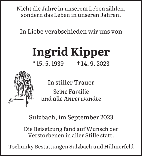 Todesanzeige von Ingrid Kipper von saarbruecker_zeitung