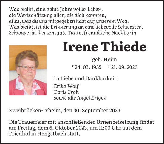 Todesanzeige von Irene Thiede von saarbruecker_zeitung