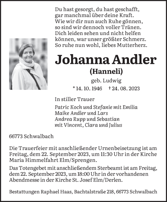 Todesanzeige von Johanna Andler von saarbruecker_zeitung