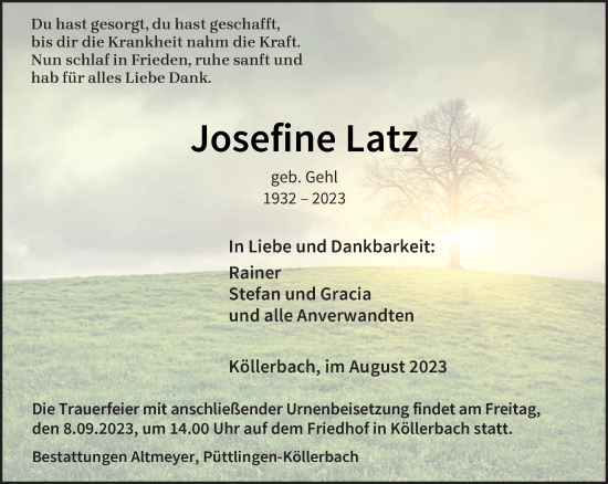 Todesanzeige von Josefine Latz von saarbruecker_zeitung