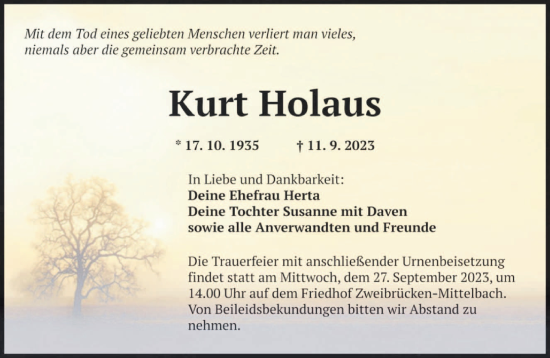 Todesanzeige von Kurt Holaus von saarbruecker_zeitung