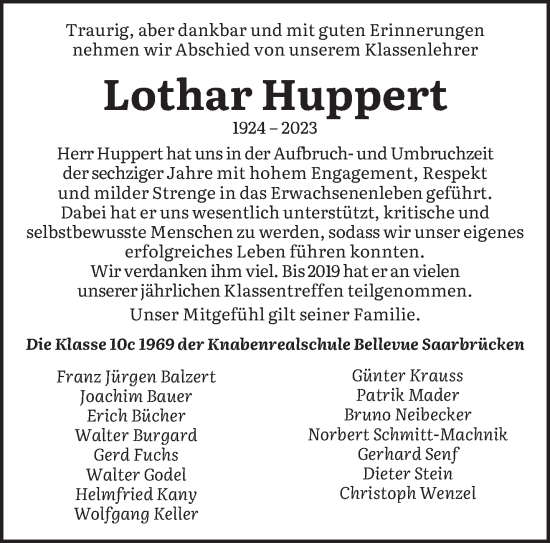 Todesanzeige von Lothar Huppert von saarbruecker_zeitung