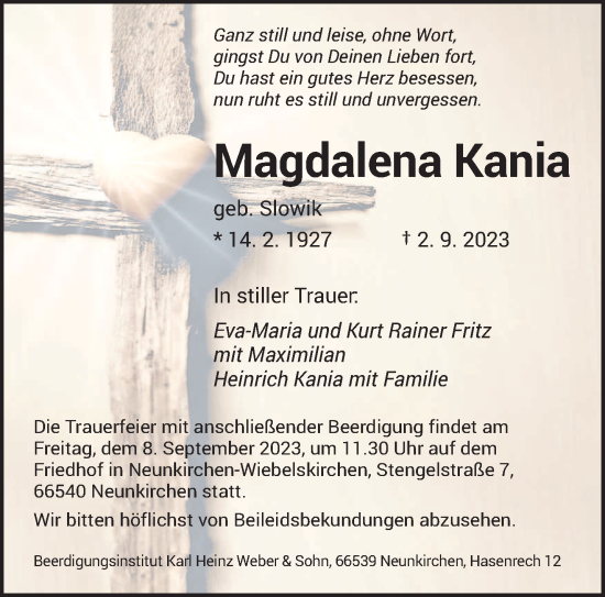 Todesanzeige von Magdalena Kania von saarbruecker_zeitung