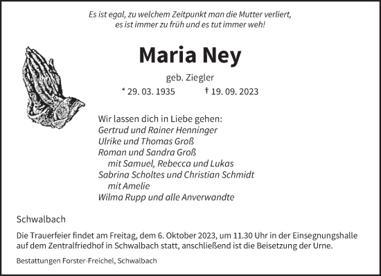 Todesanzeige von Maria Ney von saarbruecker_zeitung