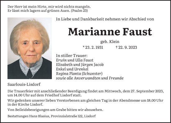 Todesanzeige von Marianne Faust von saarbruecker_zeitung