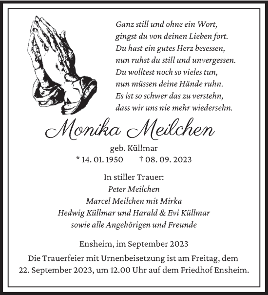 Todesanzeige von Monika Meilchen von saarbruecker_zeitung