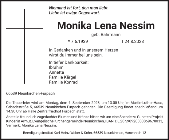 Todesanzeige von Monika Lena Nessim von saarbruecker_zeitung