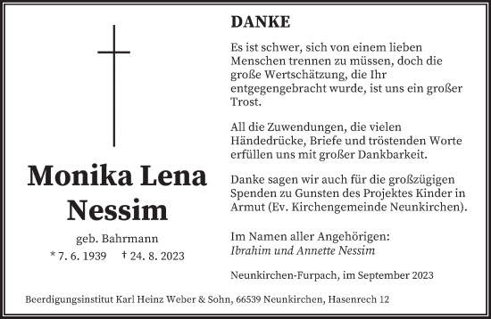 Todesanzeige von Monika Lena Nessim von saarbruecker_zeitung