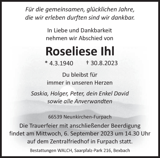 Todesanzeige von Roseliese Ihl von saarbruecker_zeitung