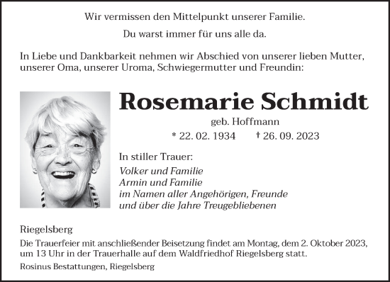 Todesanzeige von Rosemarie Schmidt von saarbruecker_zeitung