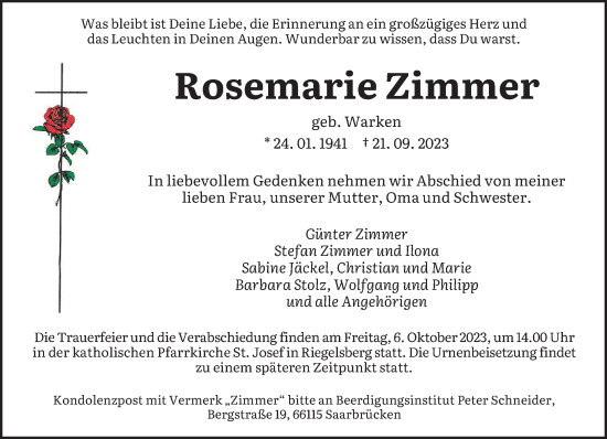 Todesanzeige von Rosemarie Zimmer von saarbruecker_zeitung