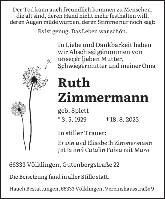 Todesanzeige von Ruth Zimmermann von saarbruecker_zeitung