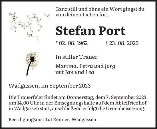 Todesanzeige von Stefan Port von saarbruecker_zeitung