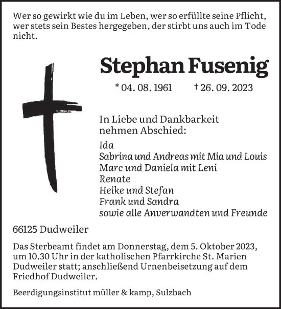 Todesanzeige von Stephan Fusenig von saarbruecker_zeitung