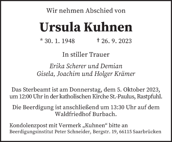 Todesanzeige von Ursula Kuhnen von saarbruecker_zeitung