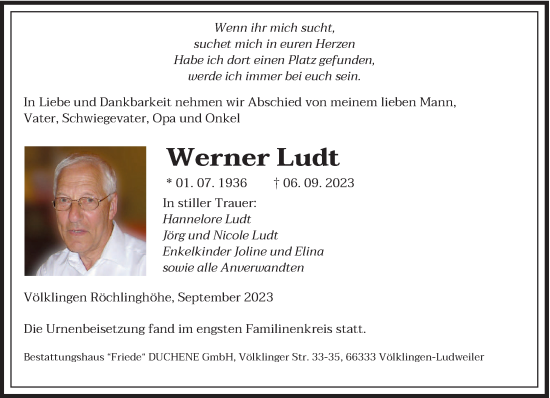 Todesanzeige von Werner Ludt von saarbruecker_zeitung