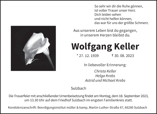 Todesanzeige von Wolfgang Keller von saarbruecker_zeitung