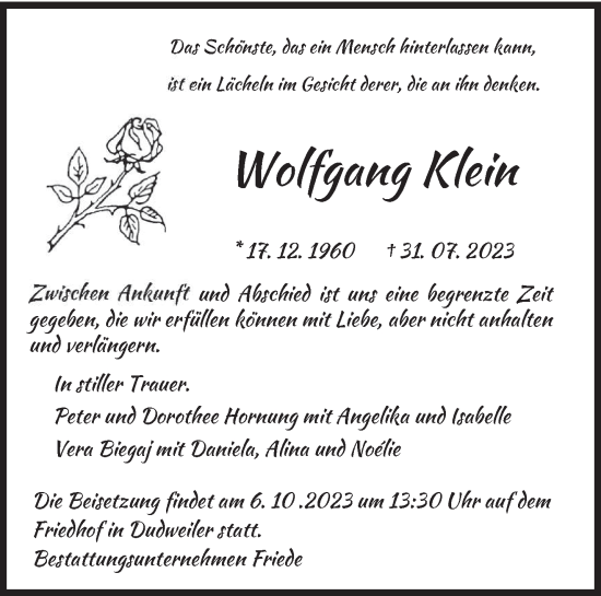 Todesanzeige von Wolfgang Klein von saarbruecker_zeitung