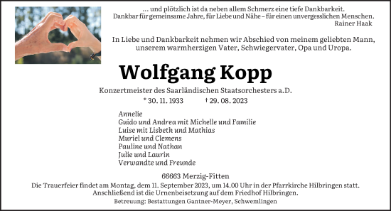 Todesanzeige von Wolfgang Kopp von saarbruecker_zeitung