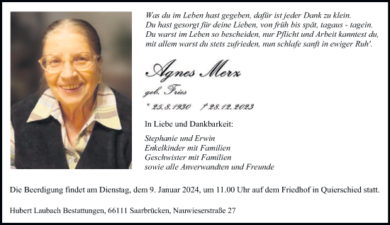 Todesanzeige von Agnes Merx von saarbruecker_zeitung