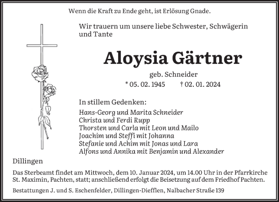 Todesanzeige von Aloysia Gärtner von saarbruecker_zeitung