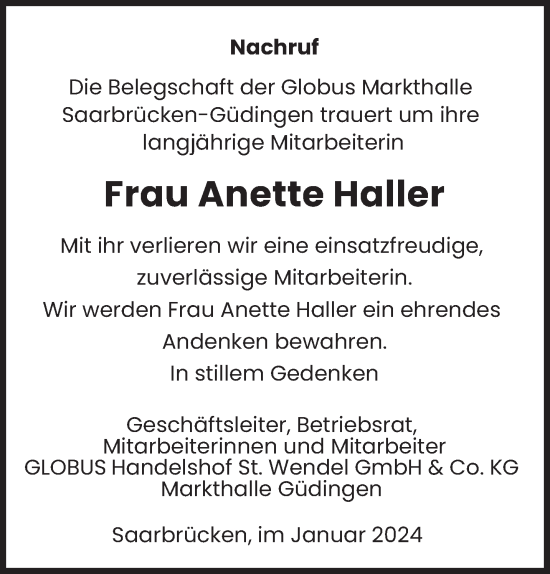 Todesanzeige von Anette Haller von saarbruecker_zeitung